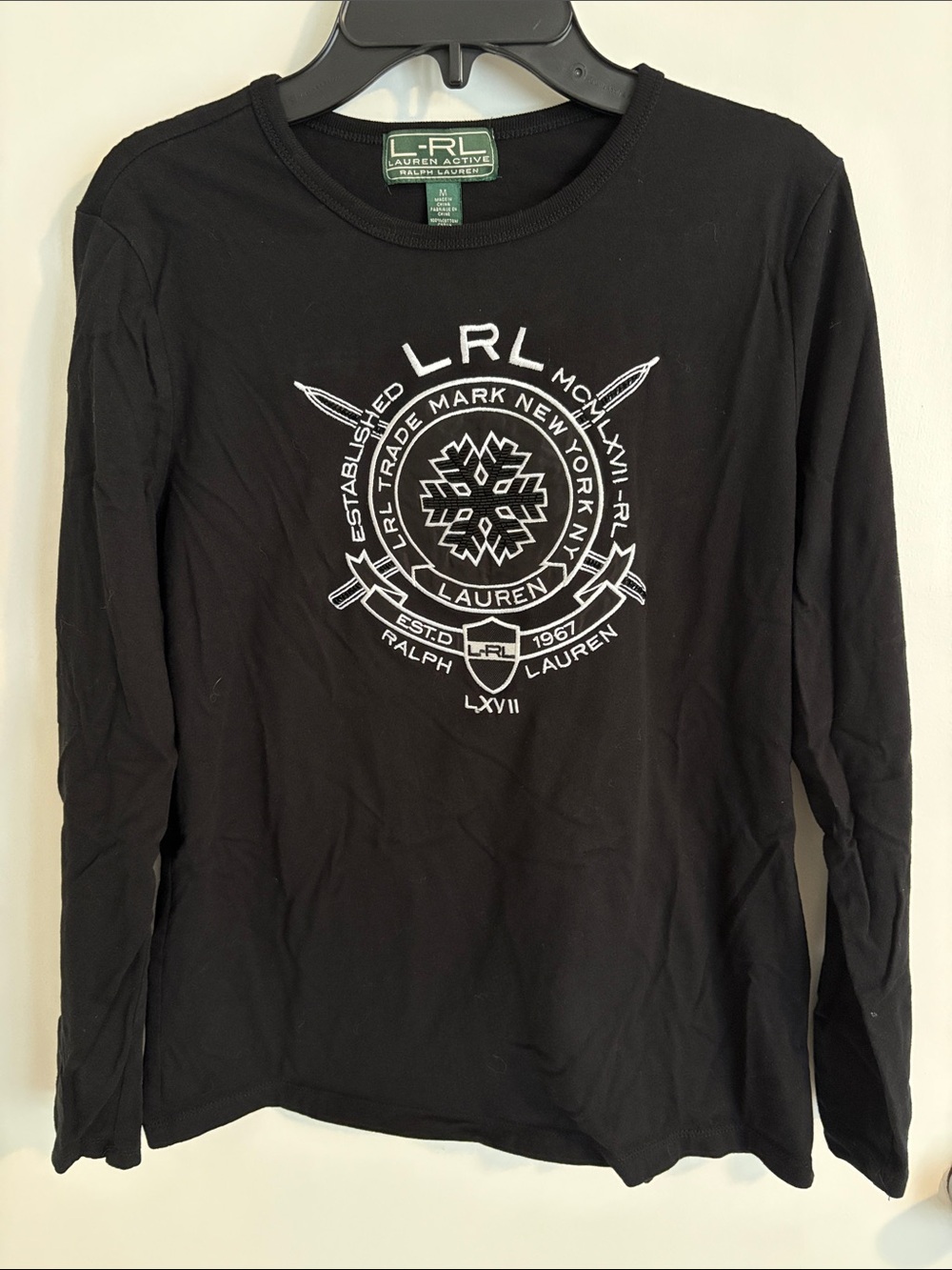 Ralph Lauren Black Long-Sleeve Crewneck with White Crest Graphic
